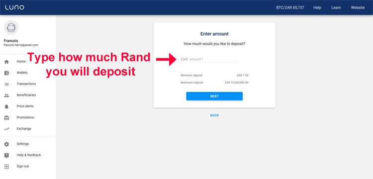Luno deposit Rand